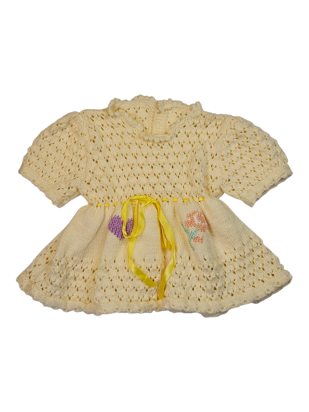 Handmade Knit Baby Toddler Dress Yellow Adjustable Waist Vintage Style 0-3T